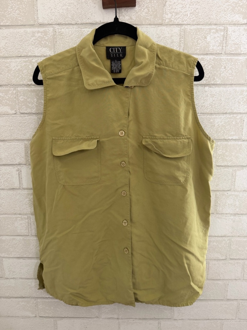 Women's Silk Sleeveless Button-Front Utility Shirt - Olive Green Size L #3074